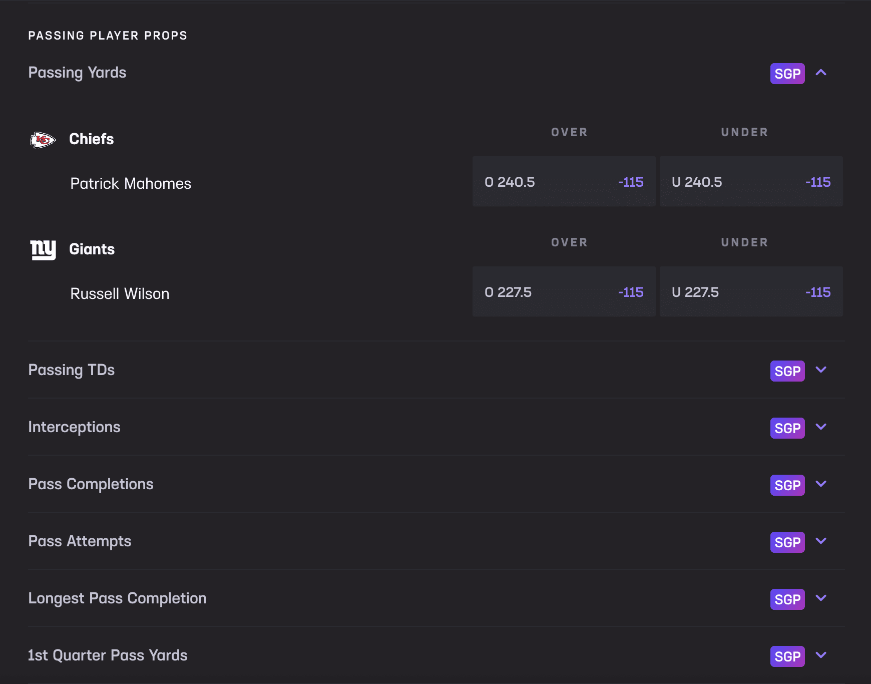 Quarterback passing props for Chiefs vs Giants at Hard Rock Bet Sportsbook